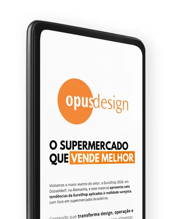 Smartphone showing the Opusdesign logo and a marketing flyer with the headline 'O SUPERMERCADO QUE VENDE MELHOR'.